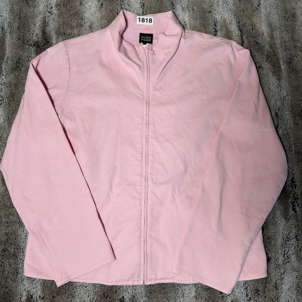 Eileen Fisher Textured Pink Full Zip Jacket Mock Collar Size Large Petite